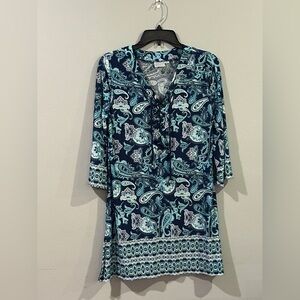 Beach Break Paisley Dress Size Small Blue Teal Lace-Up Neck Shift Dress